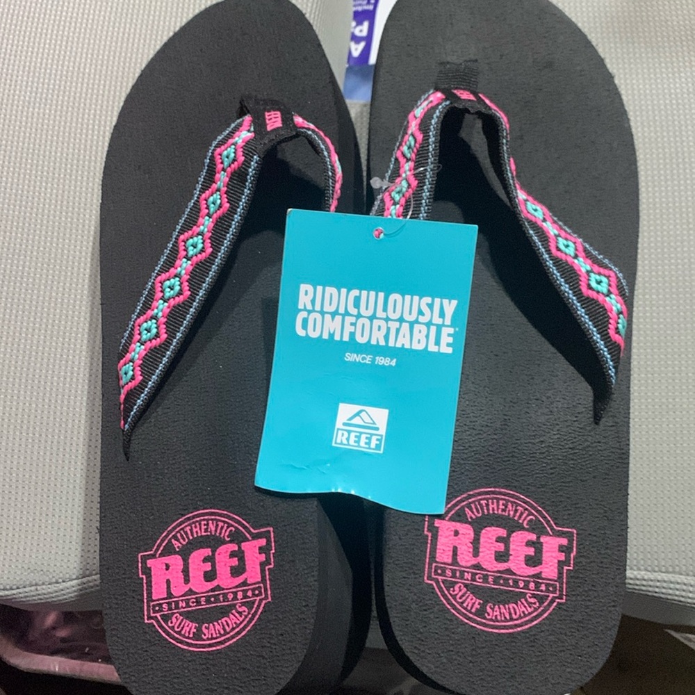Reef Black Flip Flops with Pink & Teal Embroidered Straps